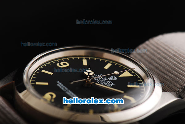 Rolex Explorer Automatic Movement Steel Case with Black Dial-Yellow Markers and Grey Nylon Strap - Click Image to Close